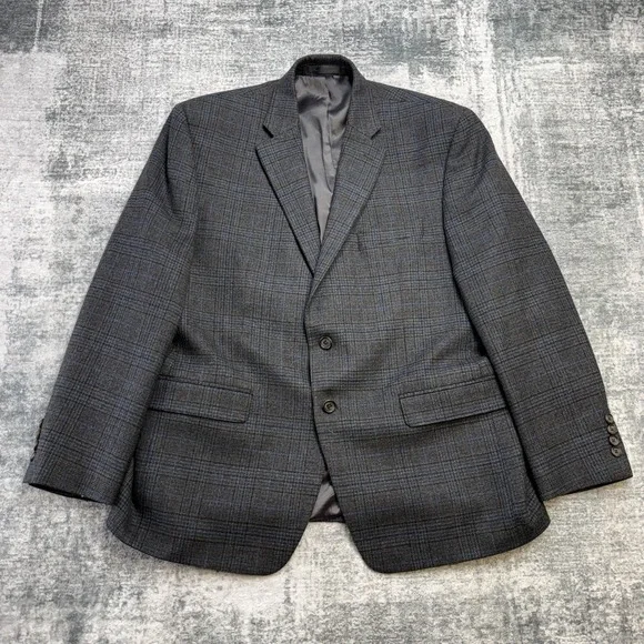 Ralph Lauren Blazer Jacket Mens 44S Gray Blue Plaid Sport Coat Wool Academia - Picture 1 of 13